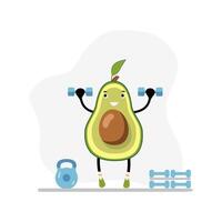 geschiktheid avocado in Sportschool met halters. vector gewichtheffen oefening, biologisch en natuurlijk training, veganistisch gezond en actief illustratie. voeding dik en Gezondheid, grappig tekenfilm natuur sterk