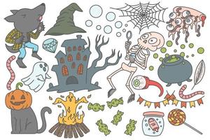 set halloween doodles elementen, tekening, tekenfilm, schattig, leuk, print, kunst vector