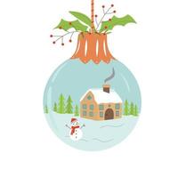 een kerstbal met een sneeuwpop en een huis. gelukkig nieuwjaar en kerst. vector
