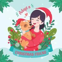 vrouw adopteert en knuffelt puppy met kerst vector