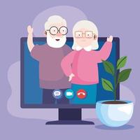 opa en oma op computer in videogesprek vector