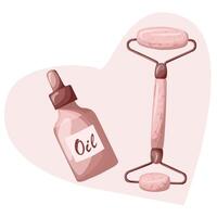 gezicht massage benodigdheden. essence olie in fles en gelaats massage rol.huid zorg producten, schoonheid en spa behandelingen, ochtend- routine, facelift. vector vlak illustratie in tekenfilm stijl