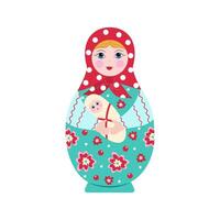 houten matryoshka pop met een kind in haar armen. geschilderd pop. moeder en kind. familie, moederschap concept. Russisch traditioneel speelgoed, souvenir. vector illustratie, achtergrond geïsoleerd.