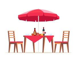 zomer picknick tafel gedekt met een tafelkleed, stoelen en paraplu. voedsel Aan de tafel voor familie barbecue, picknick, rooster feest. vector illustratie.