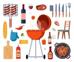 barbecue apparatuur, buitenshuis bbq picknick elementen. gegrild worstjes, vlees, groenten, drankjes, en voedsel voor de zomer rooster feest. Koken gereedschap en vlees. vector illustratie.