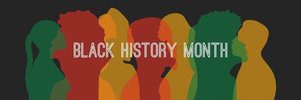 zwart geschiedenis maand spandoek. veelkleurig silhouetten van Afrikaanse Dames en mannen Aan een donker achtergrond. gelukkig vakantie in februari. vector