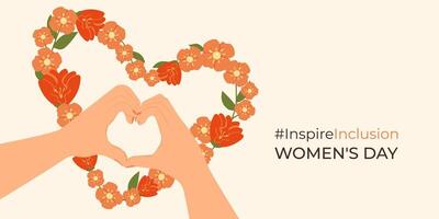 Internationale vrouwen dag. vlak illustratie. iwd maart 8 inspirereninclusie horizontaal ontwerp met voorjaar bloemen. handen gebaar net zo hart vorm banier inspireren inclusie 2024 Actie. vector