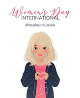 inspirereninclusie. 2024 Internationale vrouwen dag verticaal poster. vrouw tonen teken van hart met haar handen. ontwerp voor poster, campagne, sociaal media na, promo. vector illustratie, achtergrond.