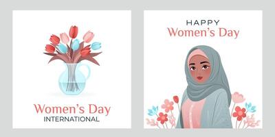 Internationale vrouwen dag plein banners set. 8 maart. portret van moslim vrouw met bloemen. boeket van tulpen in vaas. ontwerp voor poster, campagne, sociaal media na, ansichtkaart. vector illustratie