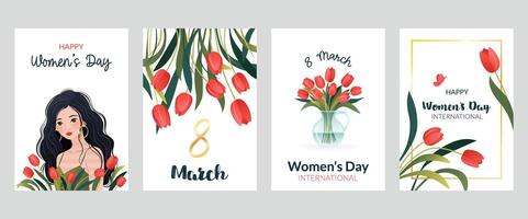 Internationale vrouwen dag verticaal affiches, banners set. 8 maart. tekenfilm vrouw, tulpen, boeket van bloemen in vaas. ontwerp voor campagne, sociaal media na, ansichtkaart, promo. vector illustraties.