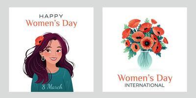 Internationale vrouwen dag plein banners set. 8 maart. portret van tekenfilm vrouw met papavers. boeket van bloemen in vaas. ontwerp voor poster, campagne, sociaal media na, ansichtkaart. vector illustratie