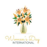 Internationale vrouwen dag. 8 maart. banier, ansichtkaart met geïsoleerd boeket van lelies in vaas. bloemen Aan wit achtergrond. modern verticaal vector ontwerp voor poster, campagne, sociaal media na.