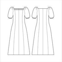vrouwen midi jurk. jurk technisch mode illustratie. vlak kleding jurk sjabloon voorkant en rug, wit kleur. vrouwen cad maquette. vector