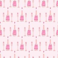 naadloos patroon met fles van Champagne en bril. hand- getrokken vlak vector illustratie Aan roze achtergrond. Super goed voor viering, partij en verjaardag thema's
