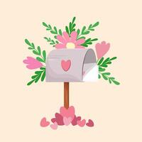 een grijs metaal postbus Aan een bruin voet met Valentijn s dag enveloppen staat in een stapel van verspreide roze harten. bloemen en bladeren zijn groeit uit van de doos in verschillend routebeschrijving. vector. vector