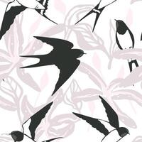 naadloos patroon met zwaluwen en groot abstract bloemen en bladeren. voorjaar vogelstand ontwerp vector