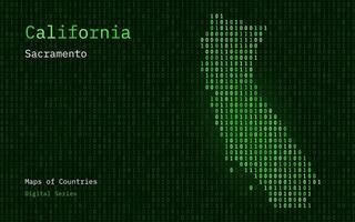 Californië kaart getoond in binair code patroon. sacramento. Matrix nummers, nul, een. Verenigde staten vector kaarten. digitaal serie