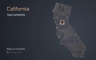 Californië kaart met een hoofdstad van sacramento getoond in een microchip patroon. silicium vallei, e-overheid. Verenigde staten vector kaarten. microchip serie
