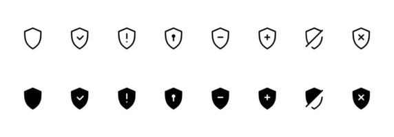 schild icoon set. reeks van veiligheid schild pictogrammen, veiligheid schilden logotypes met controleren markering, hangslot. veiligheid schild symbolen voor apps en websites. vector illustratie.