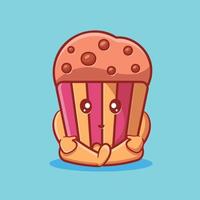 schattige muffin cake mascotte zitten geïsoleerde cartoon in vlakke stijl vector