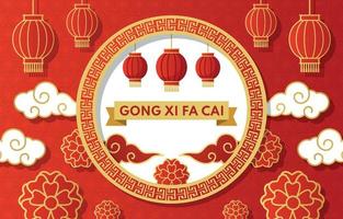 gong xi fa cai groet met rode achtergrond en lantaarns vector