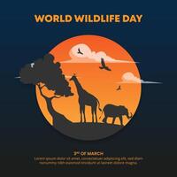 plein wereld dieren in het wild dag met silhouet dieren en zonsondergang lucht vector