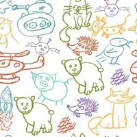 naadloze kinderen tekenen. gekleurde waskrijtjes. pictogrammen, tekens, symbolen, spelden vector