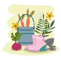 tuinemmer met wortellaarzen schep hark groenten en bloemen vector