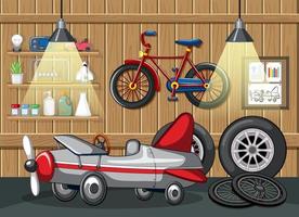 garage interieur met vintage auto speelgoed vector