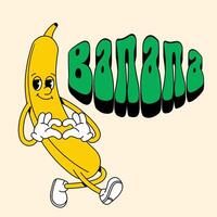 retro banaan met armen en poten. geel groef fruit. vector illustratie voor sap, drankje, t-shirt