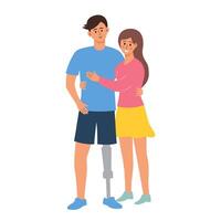liefde paar knuffelen. gehandicapt Mens met een prothetisch been en vrouw ondersteunt hem. gelukkig handicap familie. vector