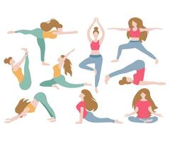 vrouw aan het doen yoga poses opdrachten voor mentaal en fysiek Gezondheid vlak ontwerp vector illustratie