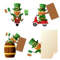 Iers held elf van Ierse folklore reeks voor st Patrick dag groet kaart, poster, banier, web. vrolijk elf van Ierse folklore Holding aanplakbiljet kopiëren ruimte, zittend Aan loop, rijden Aan motor, Holding bier en Iers vlag vector