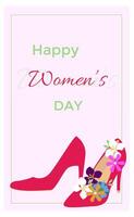 gelukkig vrouwen dag banier met wilde bloemen in rood hoog hakken. Internationale vrouwen dag modieus poster, kaart, web. vector illustratie voor 8 maart, voorjaar vakantie.