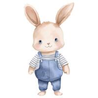 waterverf konijn in kleren. waterverf speelgoed. baby konijn vector illustratie. schattig tekenfilm haas