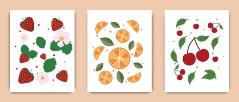 fruit posters in modern stijl, muur kunst. illustratie van aardbei, oranje en kers Aan een wit achtergrond. voorjaar en zomer seizoen ontwerp voor huis decor, interieur. vector