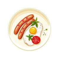 door elkaar gegooid eieren en worstjes Aan een bord. gebakken tomaat plak met kruiden en ei. gezond ontbijt. gezond aan het eten. vector