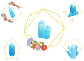 reeks van geneeskrachtig kwarts Kristallen in een goud kader met bloem Bij wit achtergrond vector