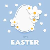 gelukkig Pasen groet kaart sjabloon met papier besnoeiing wit ei en bloemen in blauw achtergrond vector