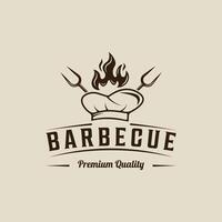 barbecue logo wijnoogst vector illustratie sjabloon icoon grafisch ontwerp. bbq rooster met vlam chef hoed spatel en vork teken of symbool voor voedsel restaurant steak huis met retro typografie stijl