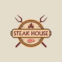 barbecue steak logo embleem vector illustratie sjabloon icoon grafisch ontwerp. bbq rooster met vlam en vlees vork teken of symbool voor voedsel restaurant steak huis met cirkel insigne retro typografie stijl
