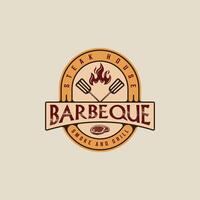 barbecue steak logo embleem vector illustratie sjabloon icoon grafisch ontwerp. bbq rooster met vlam en vlees vork teken of symbool voor voedsel restaurant steak huis met insigne retro typografie stijl