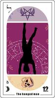 tarot kaart aantal twaalf gebeld de opgehangen Mens. silhouet van naakt Mens hangende ondersteboven omlaag. vector