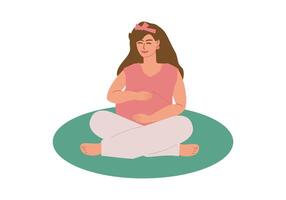 een jong zwanger vrouw zit met gekruiste benen Aan een mat en glimlacht. ontspanning, meditatie, moederschap vertrekken, moederschap, verwachtend moeder mediteert. gekleurde vector illustratie