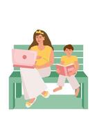 een zwanger vrouw werken Aan een laptop Aan een park bank in de zomer met haar eerste kind. familie elke dag leven, moederschap, combineren werk en zorgzaam voor kinderen. vector kleur illustratie.