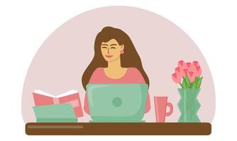 jong vrouw glimlachen en werken Aan een laptop in de kantoor of Bij huis. een comfortabel werkplaats - een tafel, een computer, een boek, een kop van heet koffie of thee en een vaas van bloemen. vector illustratie.