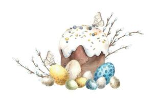waterverf Pasen samenstelling met Pasen taart, wilg en verschillend eieren. schetsen Aan geïsoleerd achtergrond voor groet kaarten, uitnodigingen, spandoeken, affiches, textiel, grafisch ontwerp vector