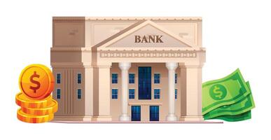 bank gebouw met bankbiljetten en munten. bank financiën concept. vector bank illustratie geïsoleerd Aan wit achtergrond