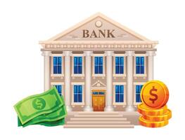 bank gebouw met bankbiljetten en munten illustratie. bank financiën concept. vector bank geïsoleerd Aan wit achtergrond