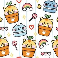 naadloos patroon van schattig kat in pot met divers klein icoon Aan wit achtergrond.pet dier karakter cartoon.macaron, snoep, regenboog, ster, hart hand- rawn.miauw minnaar.kawaii.vector.illustratie. vector